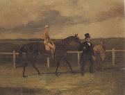 Harry Hall Mr J B Morris Leading his Racehorse 'Hungerford' with Jockey up and a Groom On a Racetrack oil on canvas